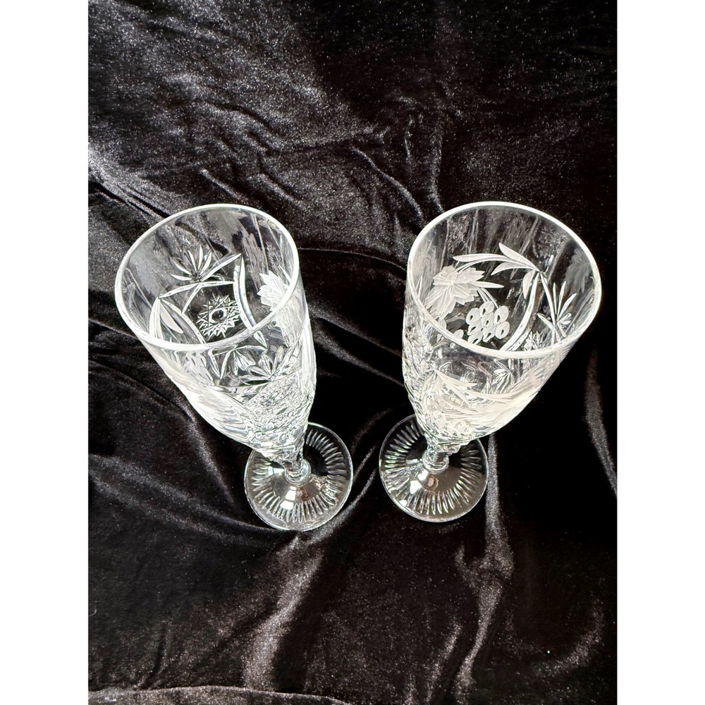 Vintage Cut Crystal Champagne Flutes Etched Floral Starburst Glasses Set 6 - Picture 6 of 7